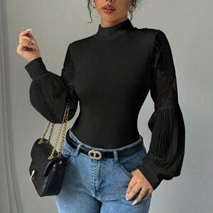 Luxe Mock Neck Fitted Floral Print Semi Sheer Long Sleeve Bodysuit